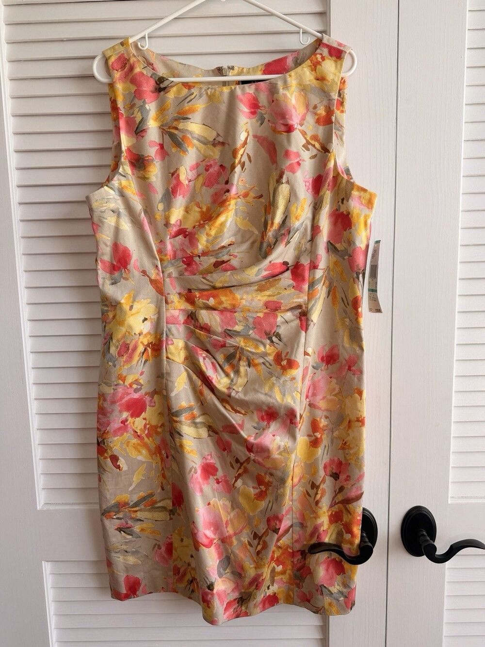 Anne Klein Stretch Floral Sheath Dress Size 16 Sleeveless Ruched Career Wedding